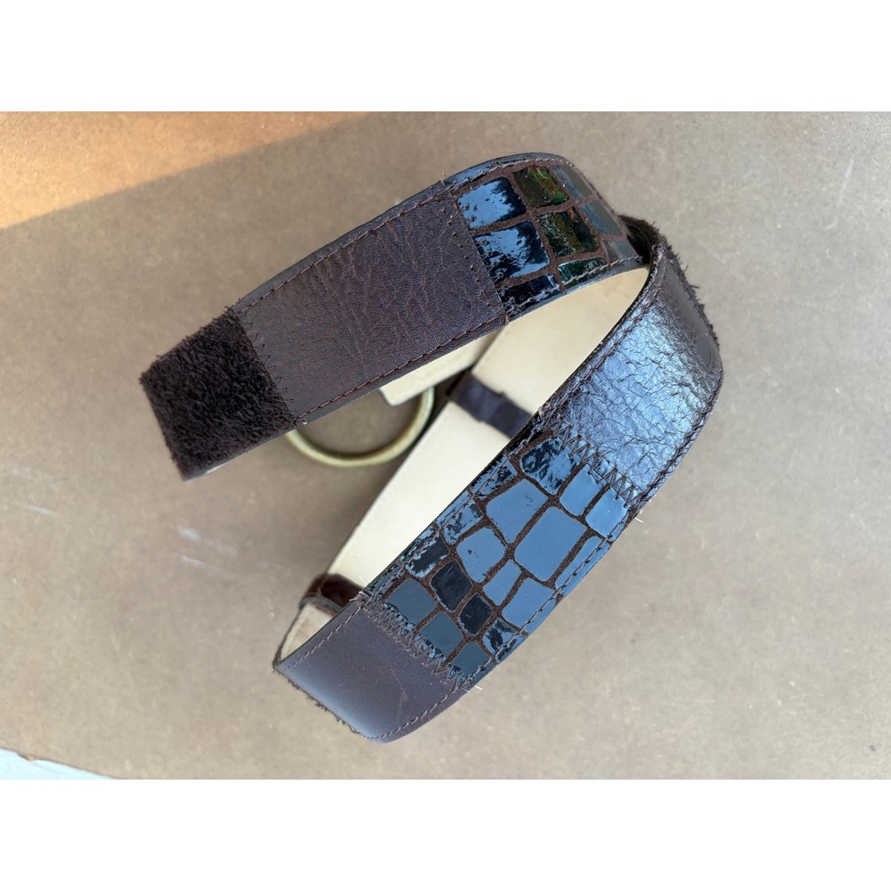 Vintage Brown Leather Croc Embossed Wide Western Belt Brass O-Ring Buckle Small - Picture 4 of 5